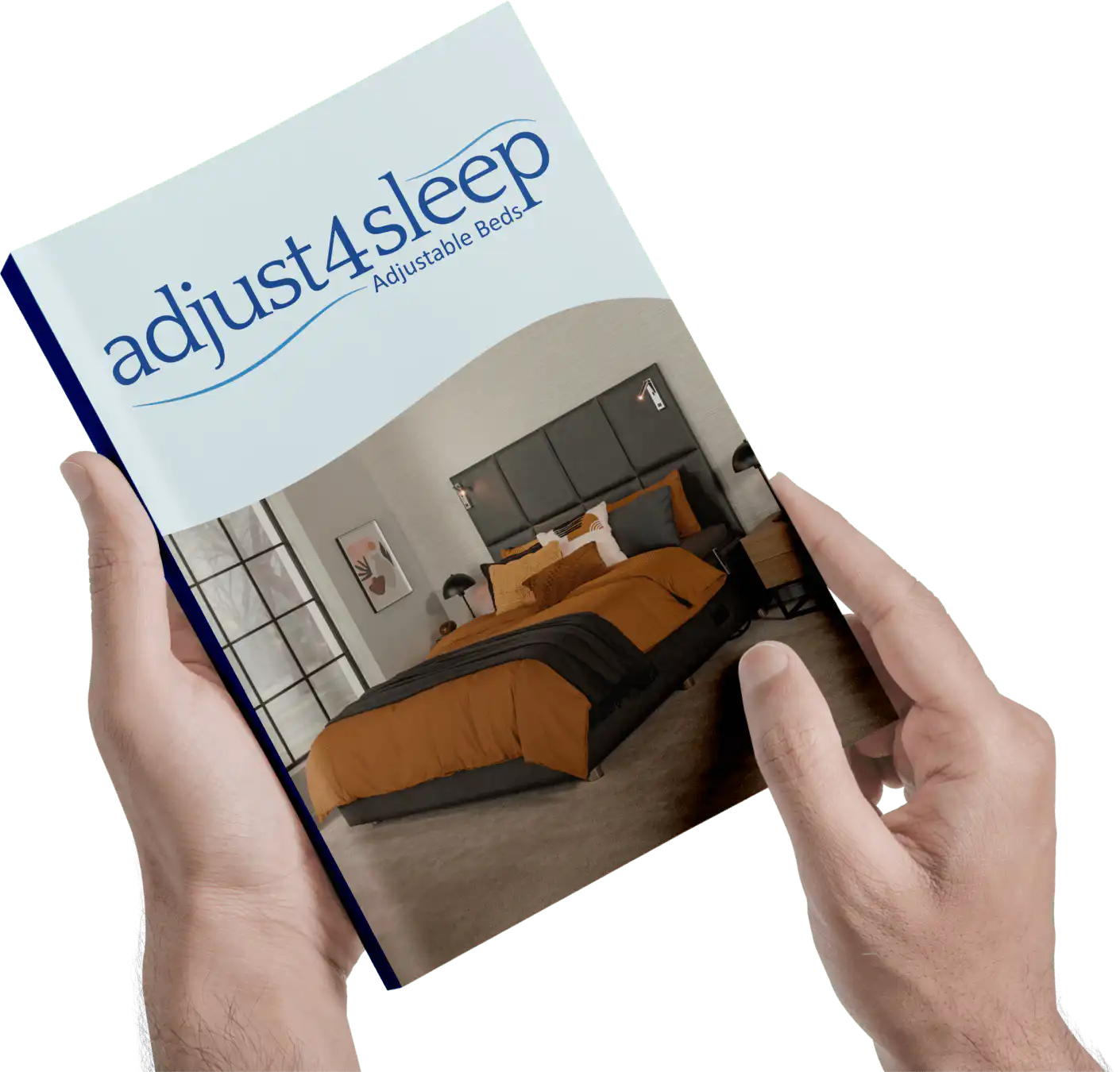 Hands holding a brochure titled "adjust4sleep Adjustable Beds" featuring an image of a modern bedroom with an adjustable bed.
